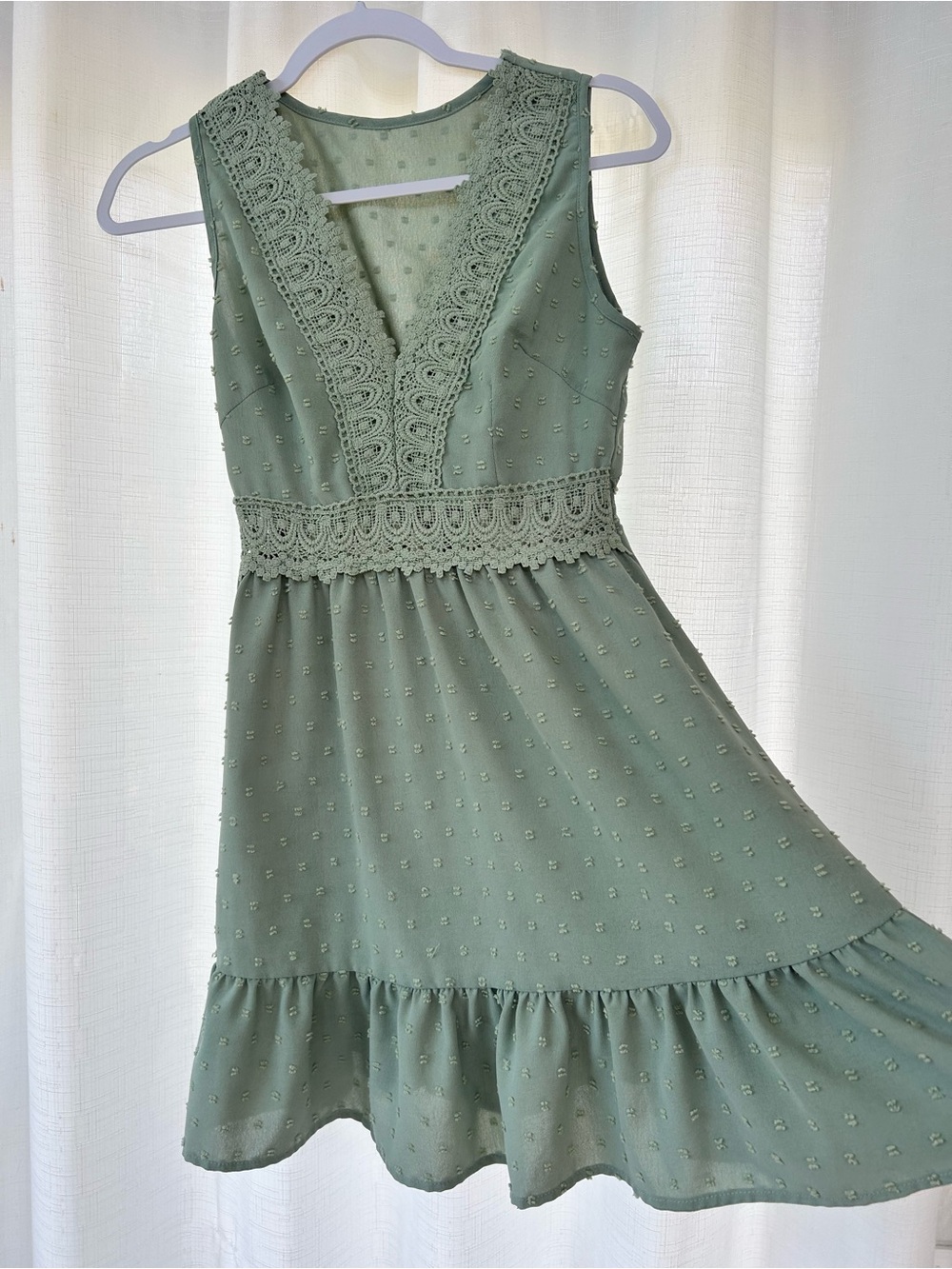 Sage Green Lace Trim V-Neck Summer Dress